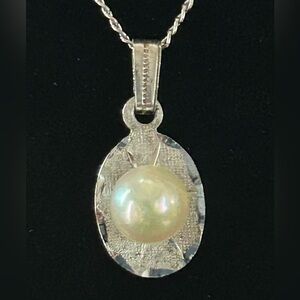 Vintage Sterling Silver Pendant Faux Pearl and Silver Plate Necklace